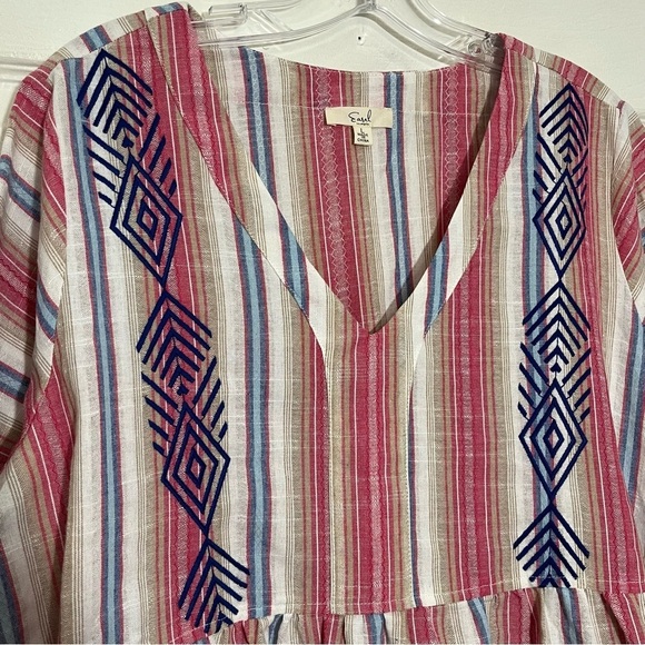 EASEL Striped Multicolor V-Neck Embroidered Tiered Dress with pockets | size L - Picture 8 of 10